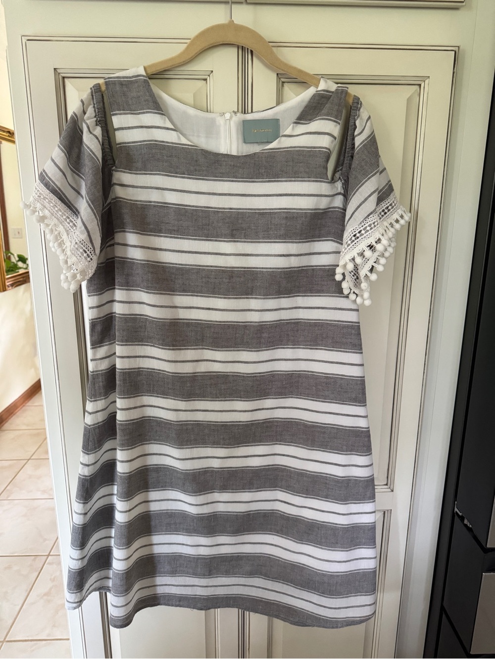 Gray & White Striped Pom-Trim Off the Shoulder Dress
